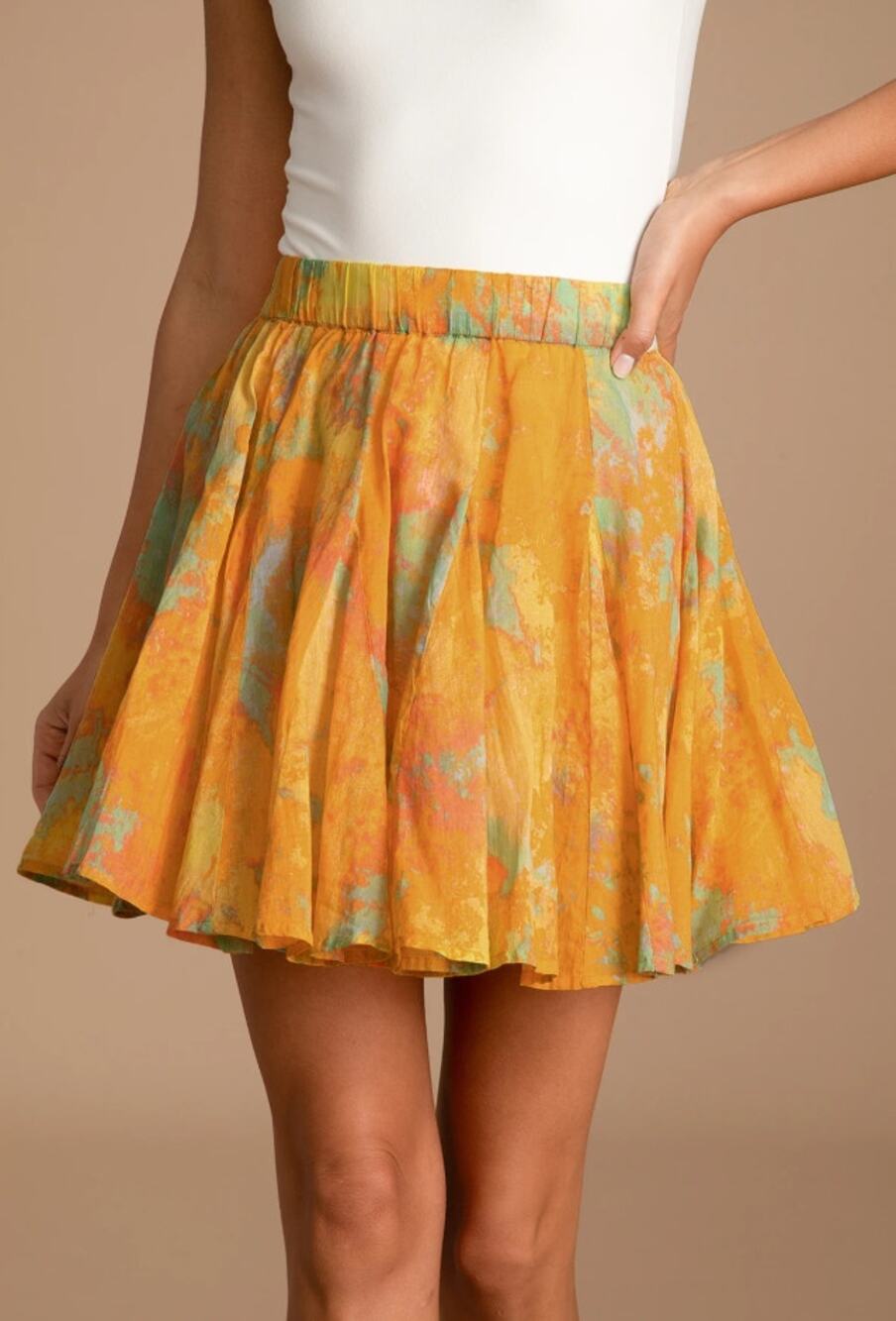 FREE PEOPLE | Sway My Way yellow blue pink watercolor pleated cotton mini skirt